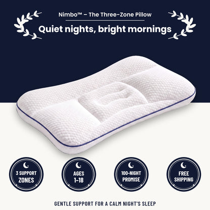 Nimbo™ by SOMNARA – quiet nights, bright mornings: 3 support zones, 3 heights for ages 1–18, 100-night promise, free shipping