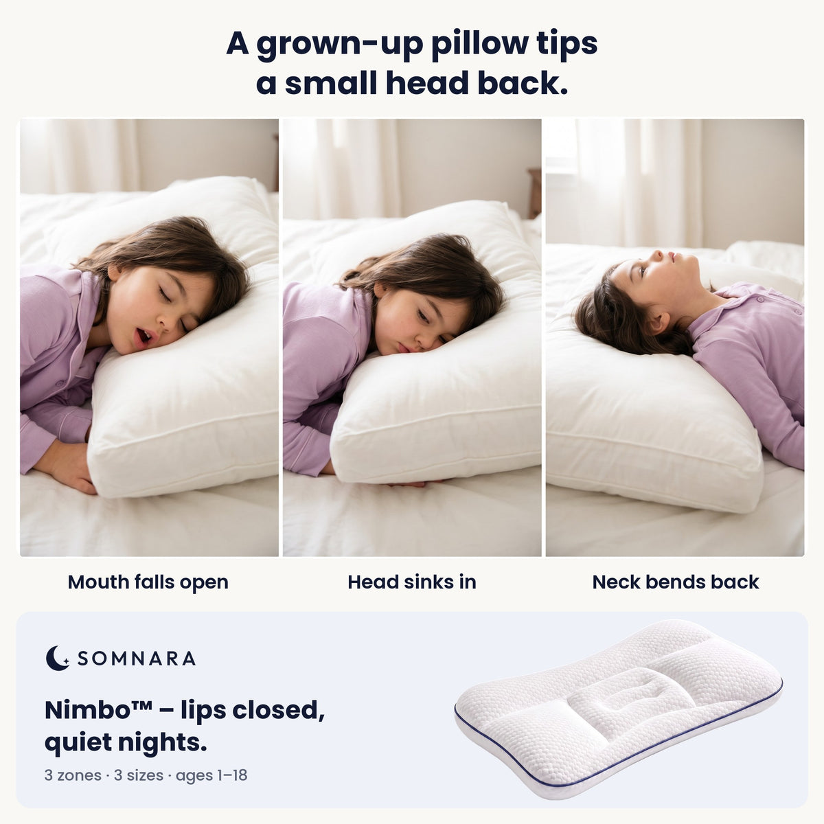 A grown-up pillow tips a small head back – mouth falls open, head sinks in, neck bends back