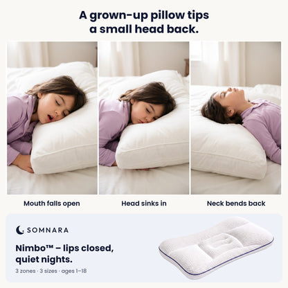 A grown-up pillow tips a small head back – mouth falls open, head sinks in, neck bends back