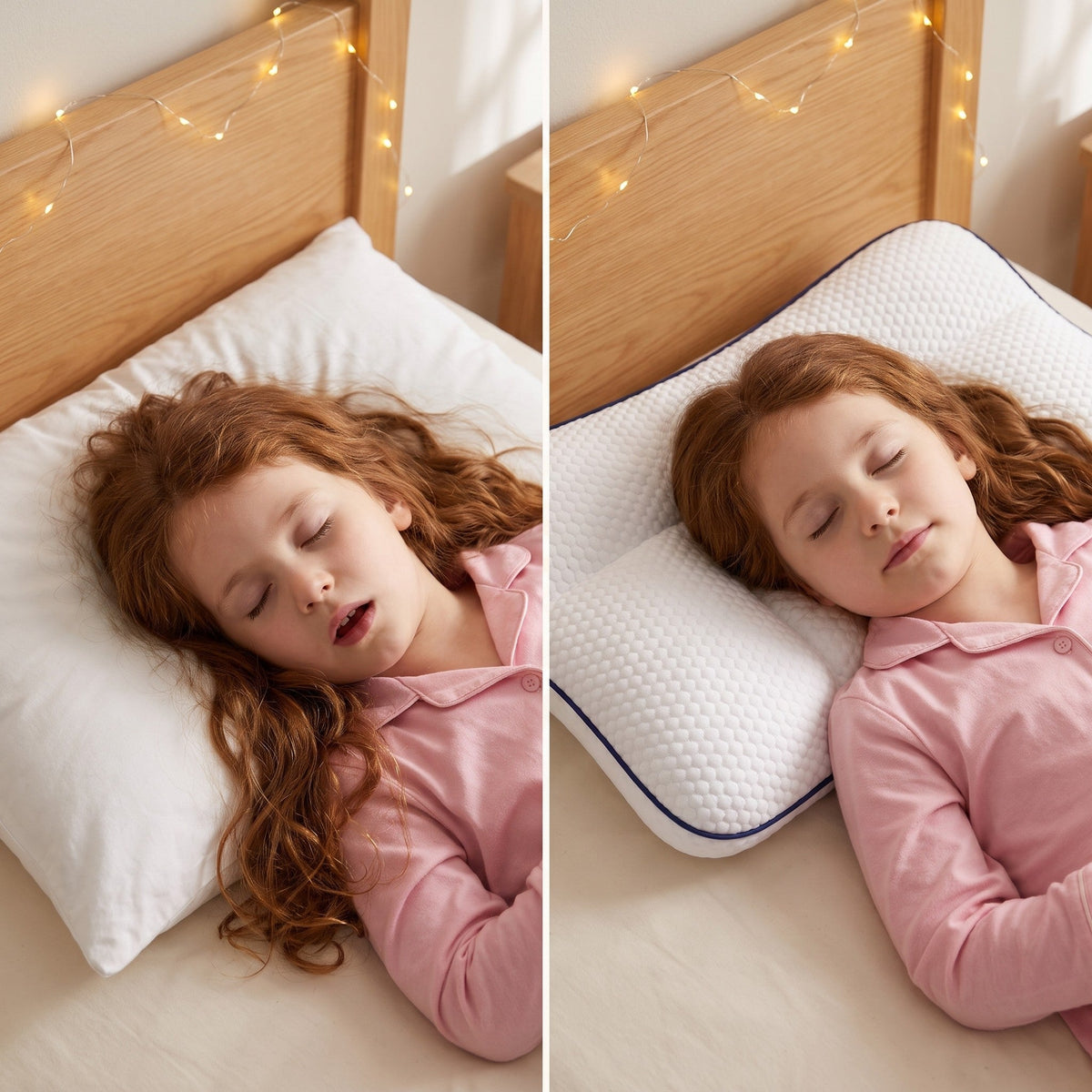 Child on a flat adult pillow versus on the Nimbo™ posture pillow