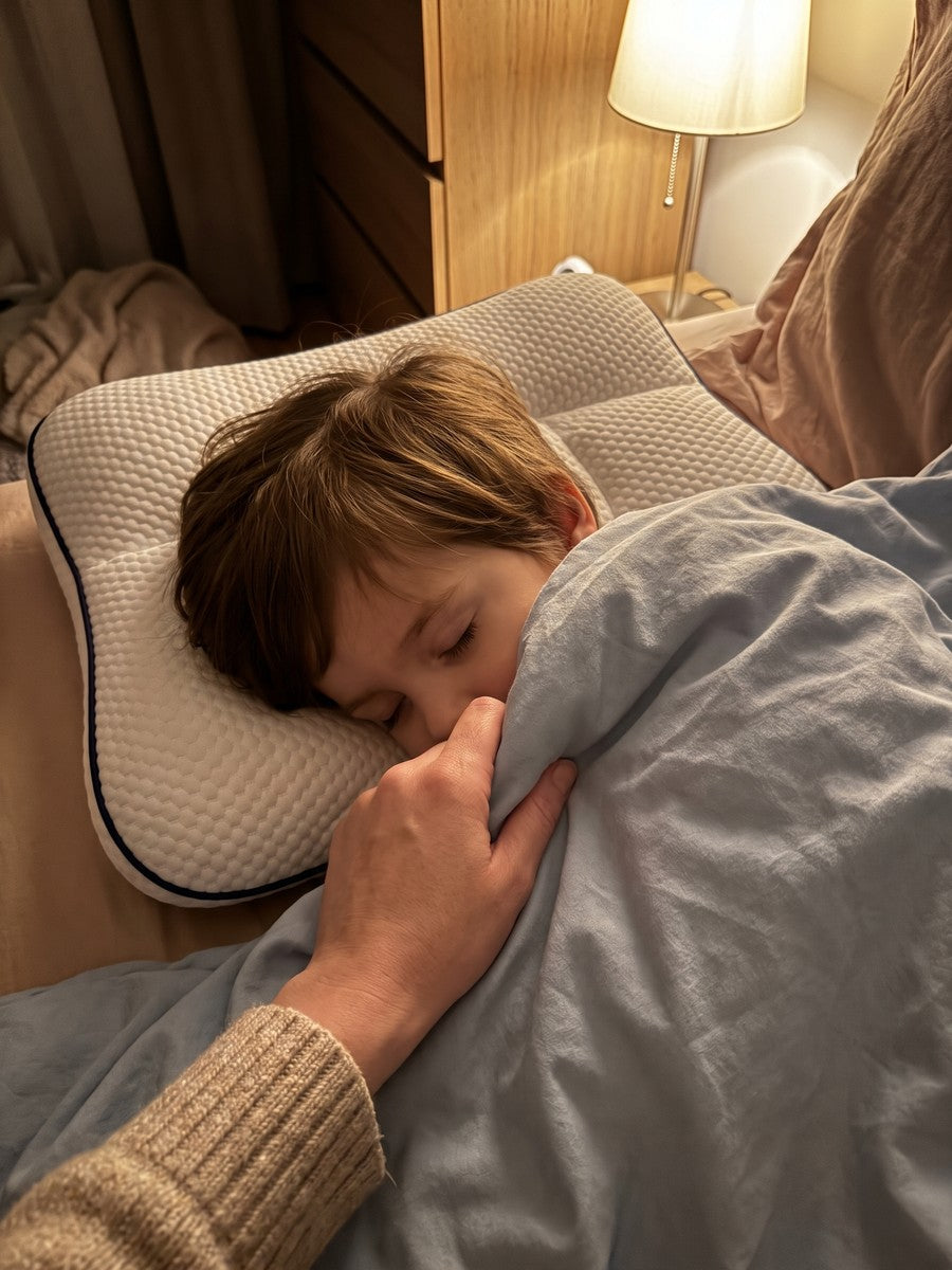 A parent tucking a sleeping child in on a Nimbo pillow