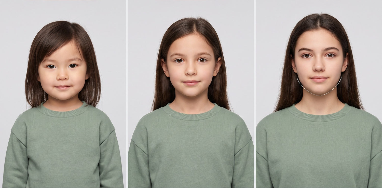 The same child at three ages — how a face keeps developing through childhood